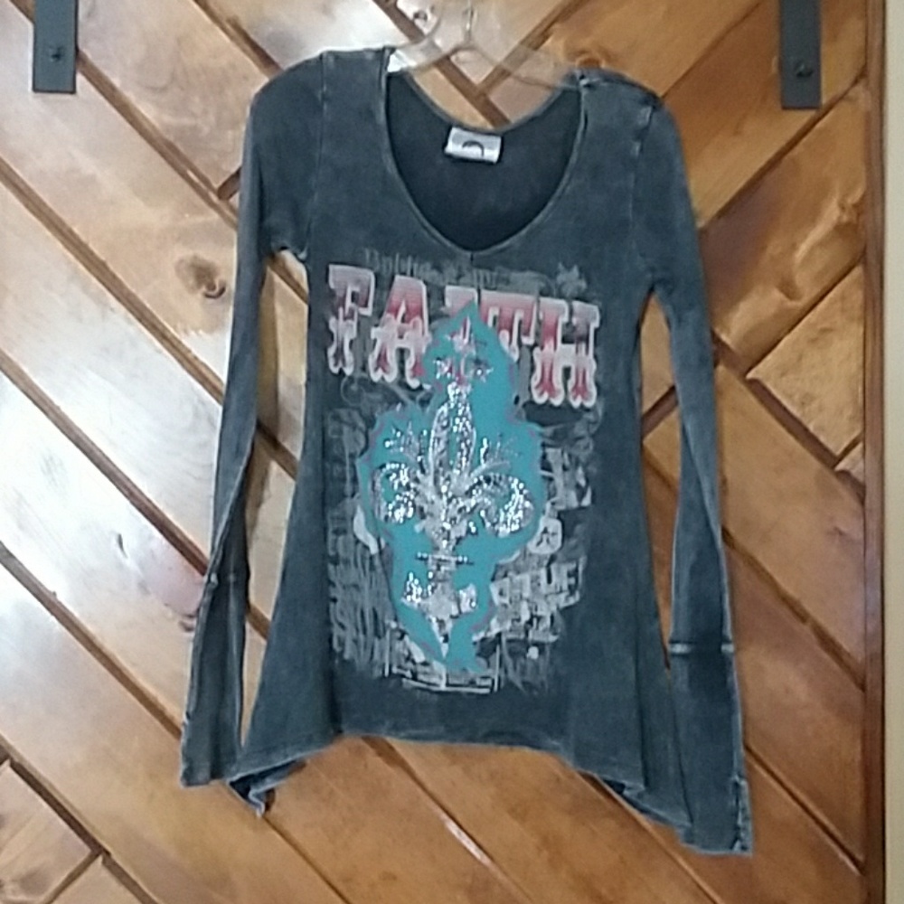 Women's gray long sleeve faith v-neck
